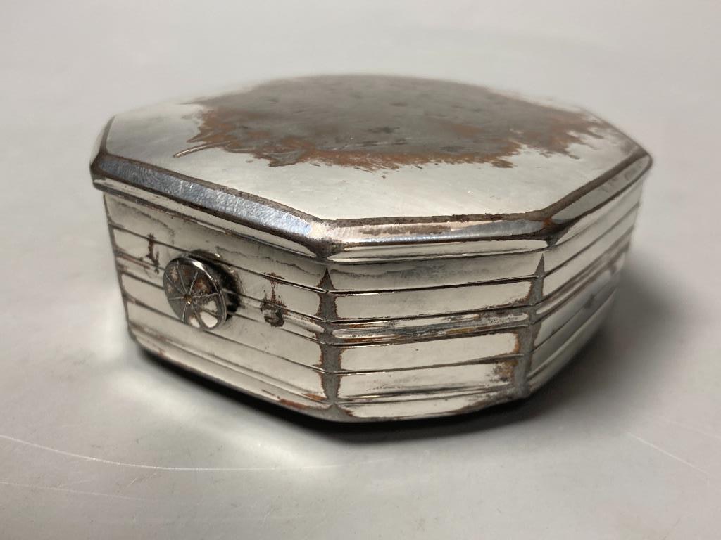 A silver plated puzzle box, 1754, and two boxed Russian beakers, 7.5cm